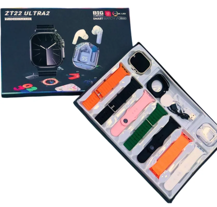 Set Cadou Smartwatch ZT22 Ultra2 cu 7 Bratari incarcator Wireless si Casti Bluetooth