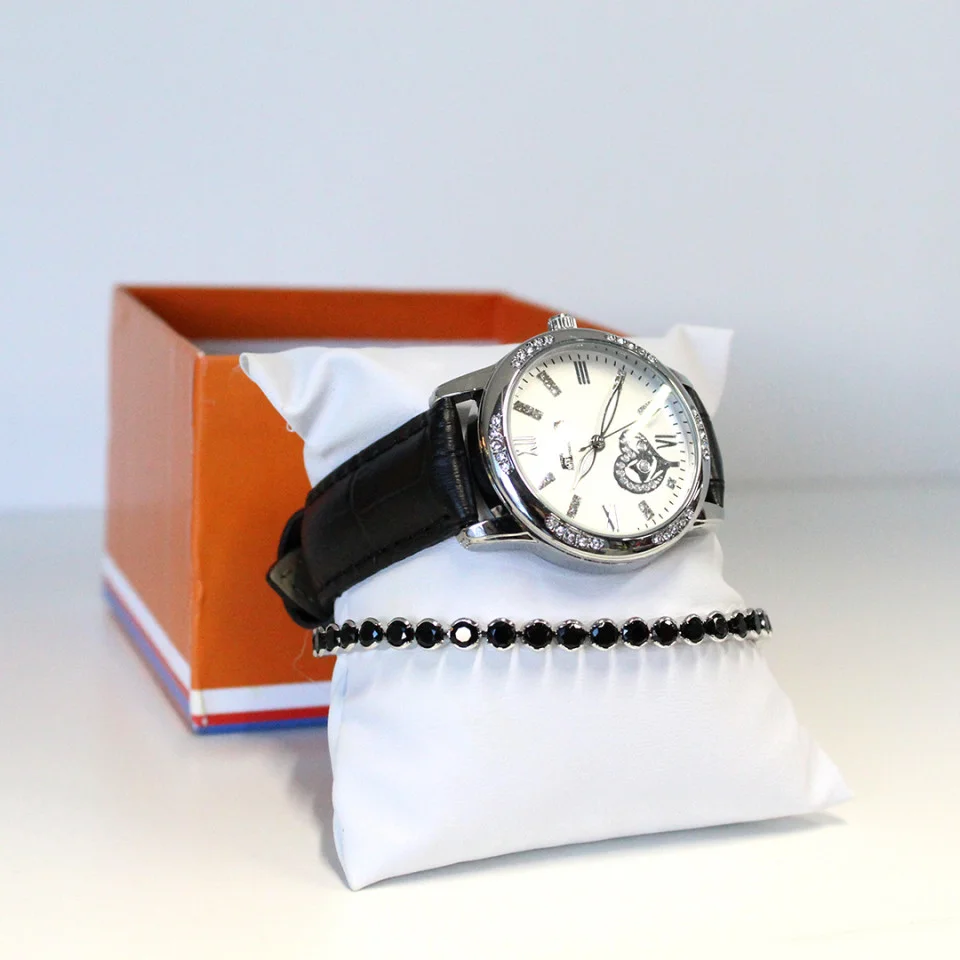 Set ceas elegant Waterproof Matteo Ferari, curea din piele ecologica si bratara asortata, One Heart, Negru/Argintiu