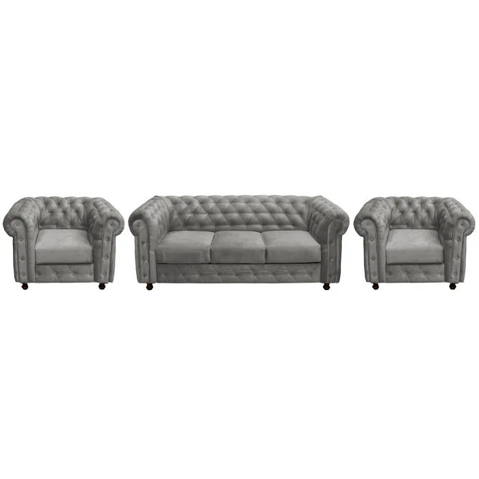 Set CHESTERFIELD 3-1-1, canapea extensibila 3 locuri si 2 fotolii fixe, gri deschis