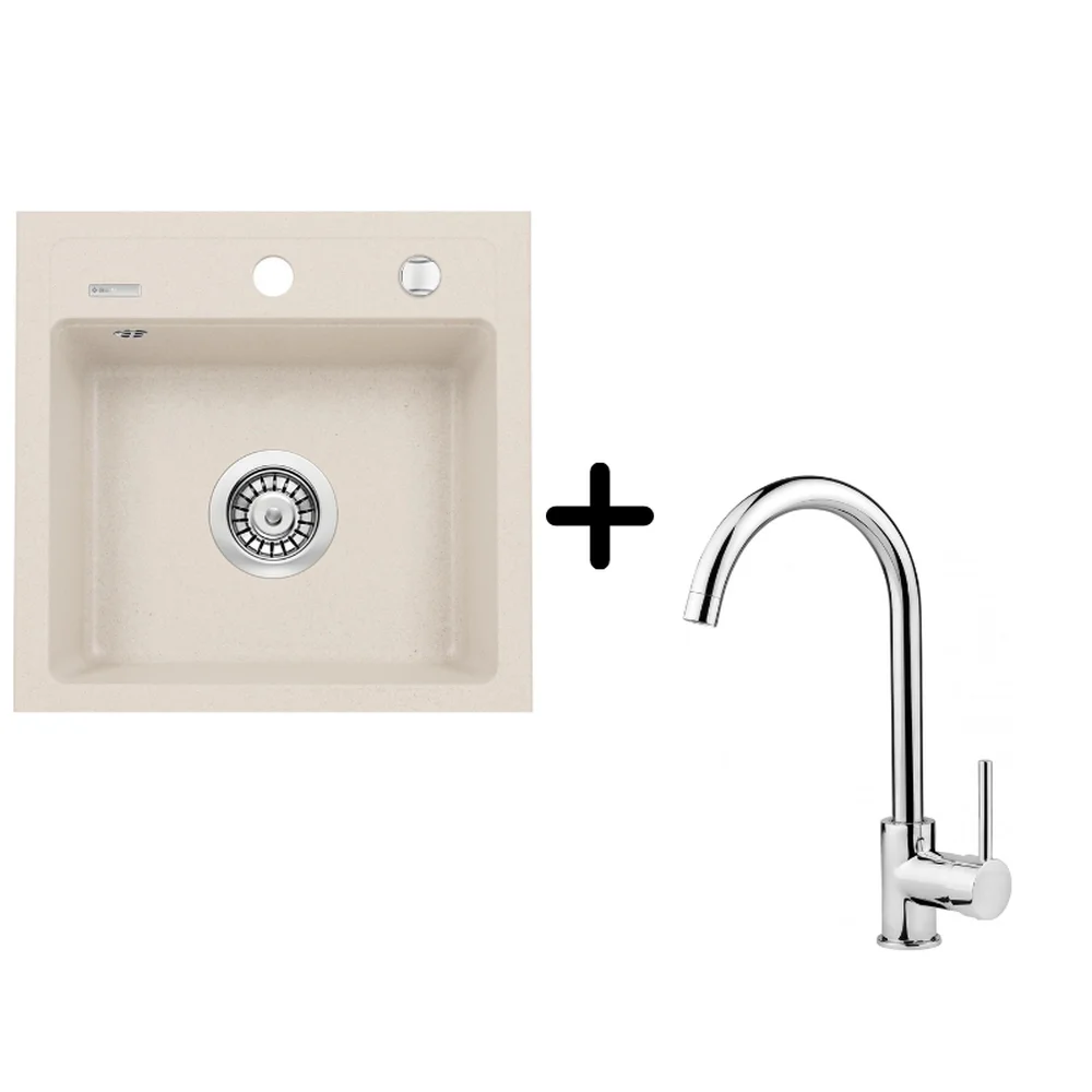 Set chiuveta bucatarie bej din ceramica si baterie chiuveta bucatarie crom cu pipa pivotanta, Deante