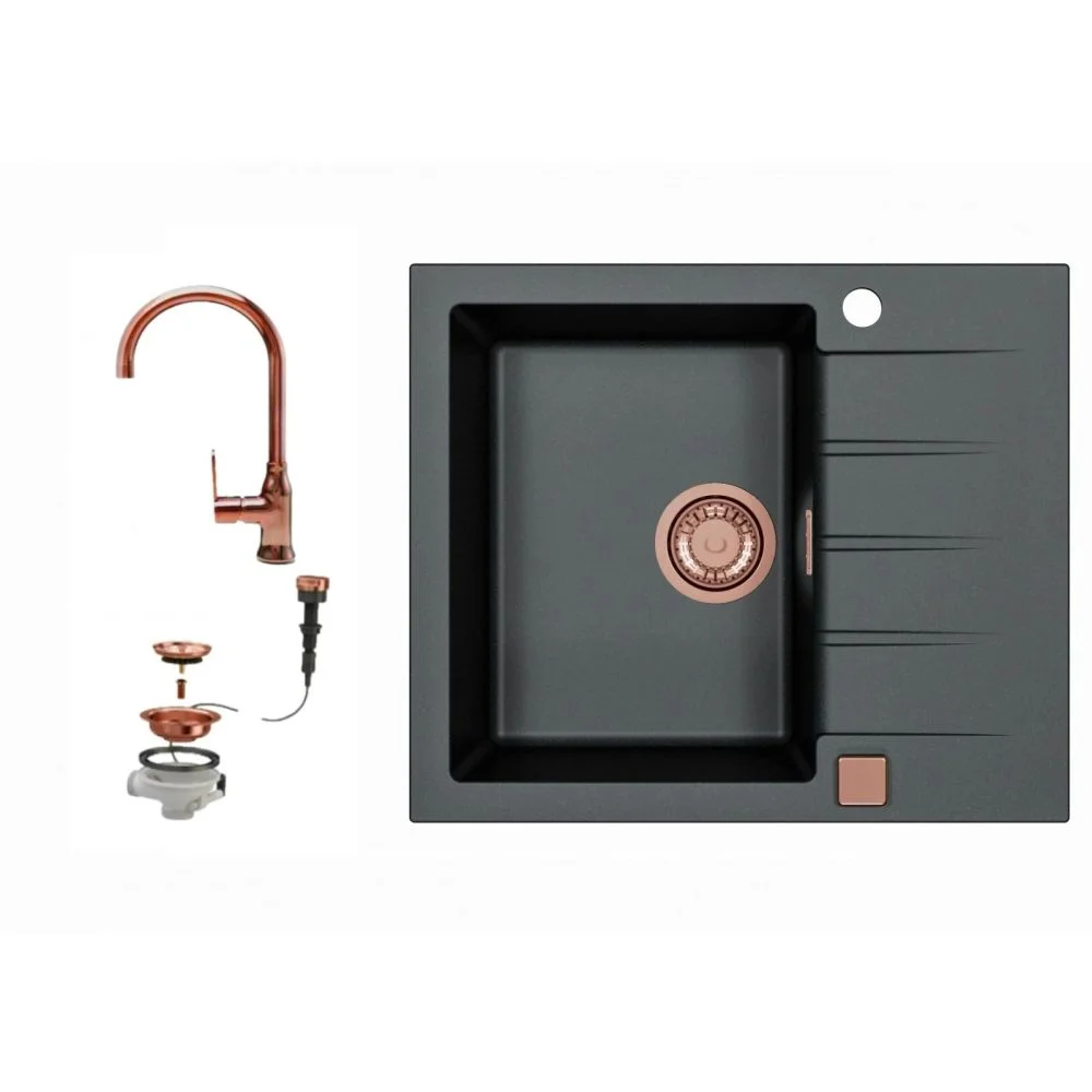 Set chiuveta bucatarie compozit Cadit 10 neagra si baterie bucatarie Lola cupru