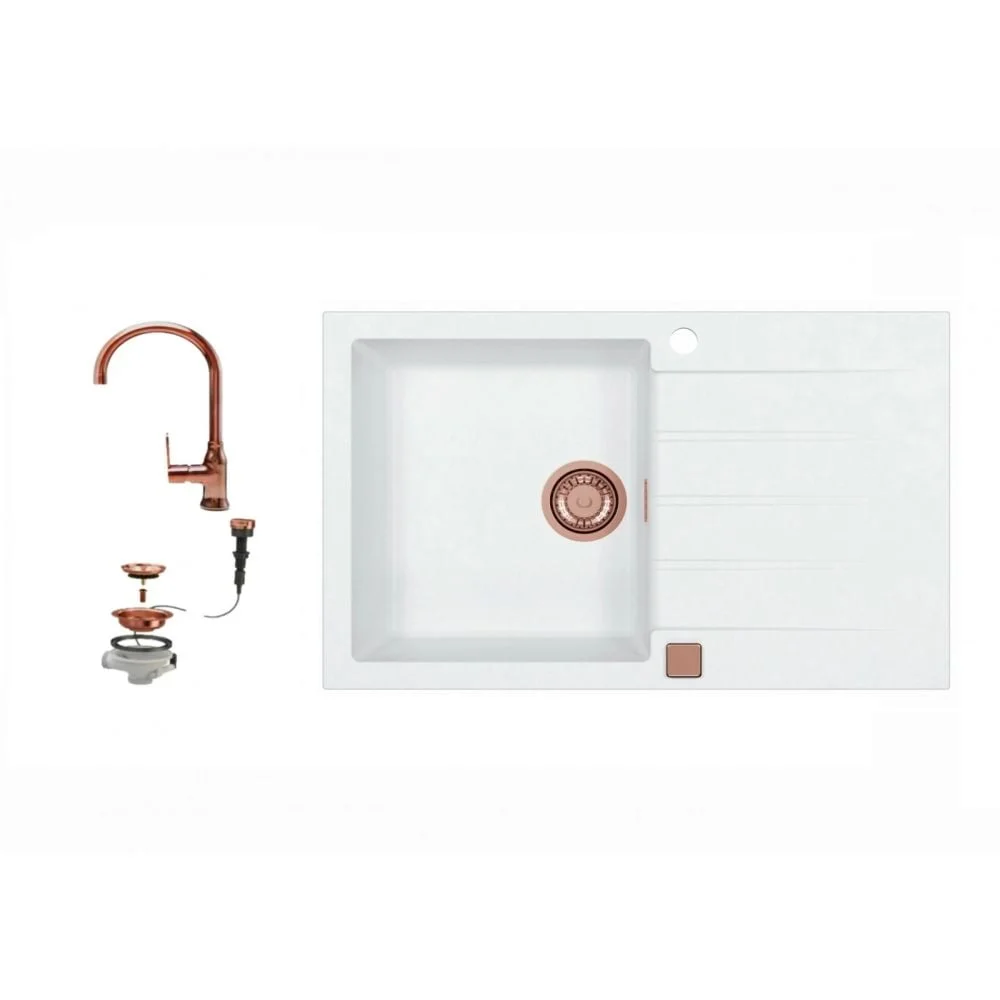 Set chiuveta bucatarie compozit Cadit 20 alba si baterie bucatarie Lola cupru