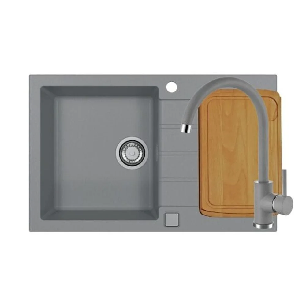 Set chiuveta bucatarie compozit Cadit 20 gri, baterie bucatarie Kati gri si tocator lemn
