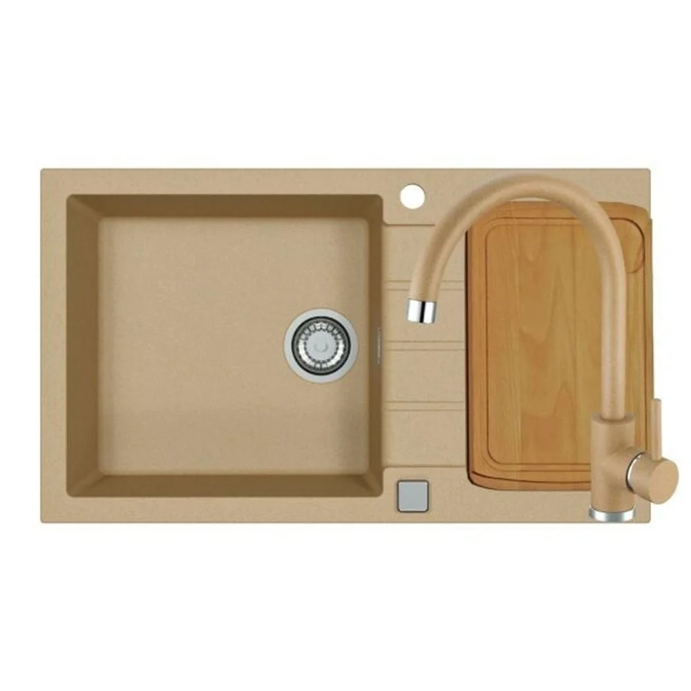 Set chiuveta bucatarie compozit Cadit 40 bej, baterie bucatarie Kati bej si tocator lemn