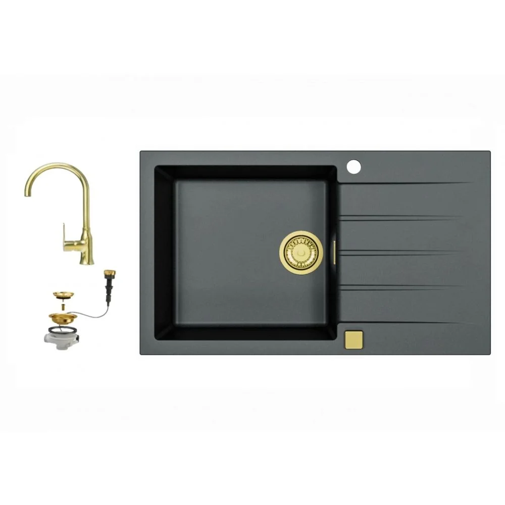 Set chiuveta bucatarie compozit Cadit 40 neagra si baterie bucatarie Lola aurie