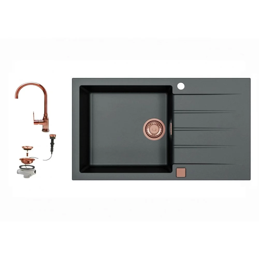 Set chiuveta bucatarie compozit Cadit 40 neagra si baterie bucatarie Lola cupru