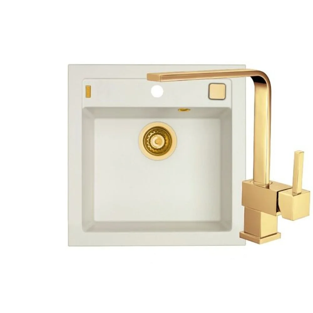 Set chiuveta bucatarie compozit Formic 20 alba si baterie bucatarie Laguna Monarch bronz