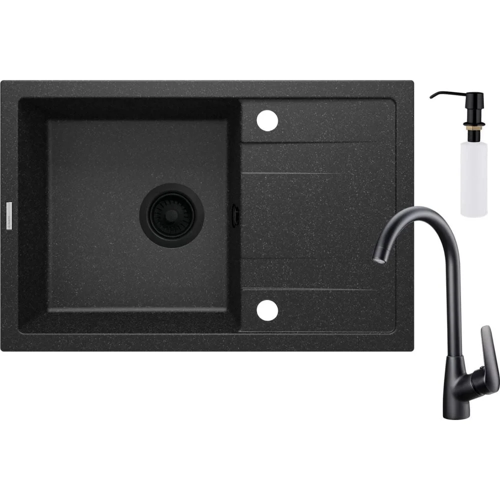 Set chiuveta bucatarie compozit neagra, baterie bucatarie neagra si dozator sapun lichid Corio Deante