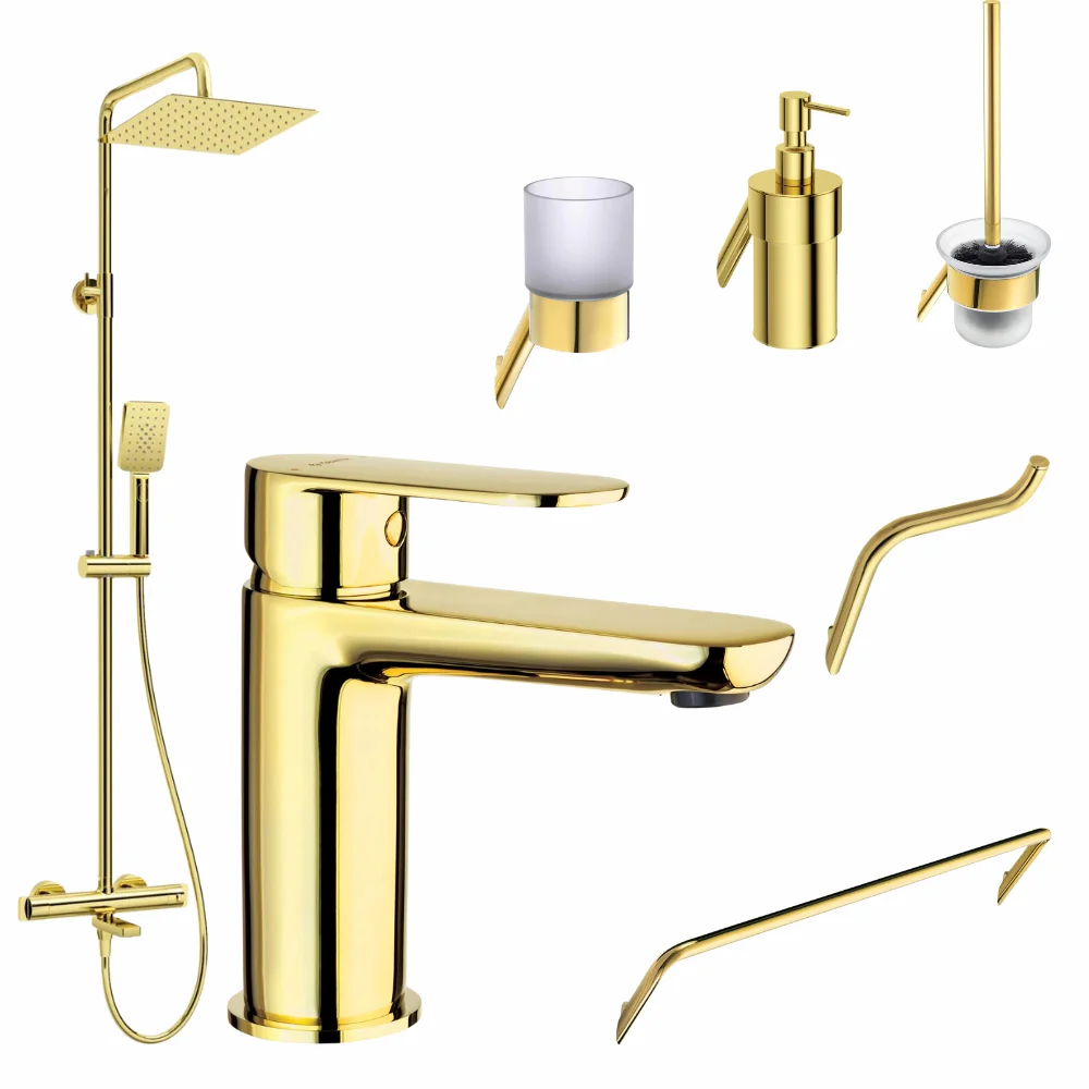 Set coloana de dus si baterie lavoar Deante Alpinia cu accesorii Deante Silia, auriu lucios