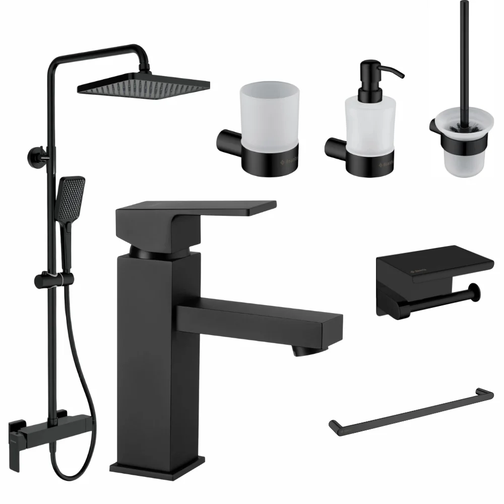 Set coloana de dus si baterie lavoar Deante Anemon cu accesorii Deante Round, negru mat