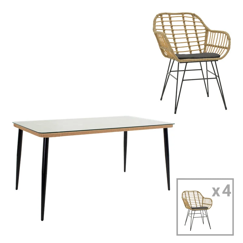 Set de 5 buc masa si scaune de gradina Naoki X ratan Natural si metal negru 160x90x78 cm
