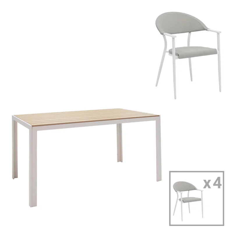 Set de 5 buc masa si scaune de gradina Nares-Pino A aluminiu alb si placaj Natural 140x80x72.5 cm