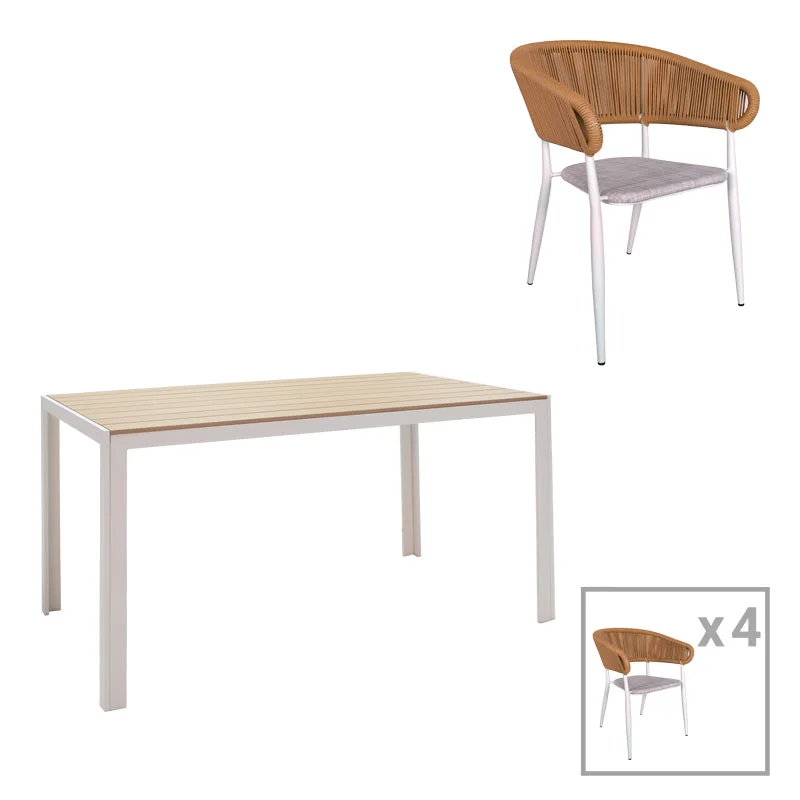Set de 5 buc masa si scaune de gradina Nares-Raven aluminiu alb si placaj  Natural 140x80x72.5 cm