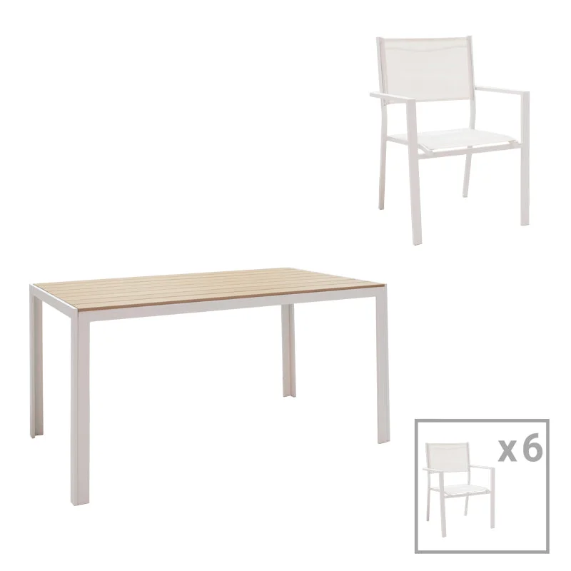 Set de 7 buc masa si scaune de gradina Nares-Moly aluminiu si plasa  alba 140x80x72.5 cm