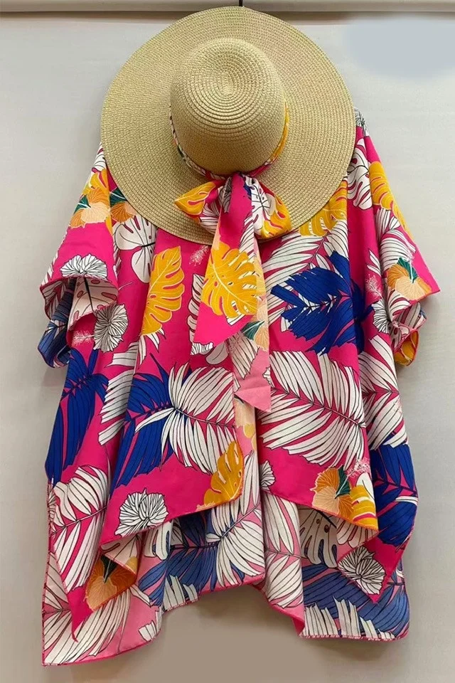 Set de plaja SAMY, pareo scurt si palarie accesorizata cu esarfa, Fucsia Jungle, Marime S/M