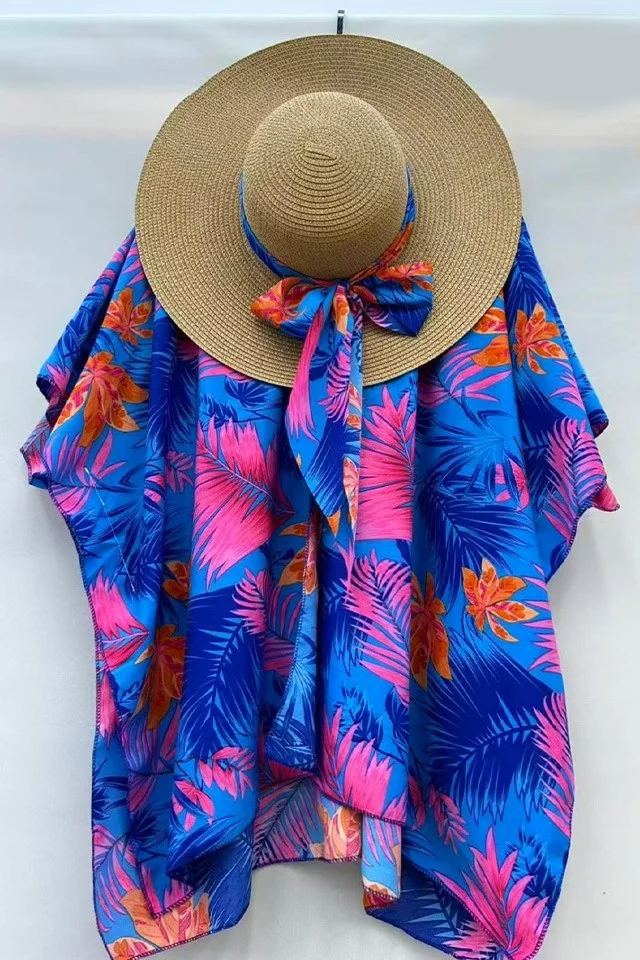 Set de plaja SAMY, tunica si palarie accesorizata cu esarfa, Bleu Jungle, Marime S/M