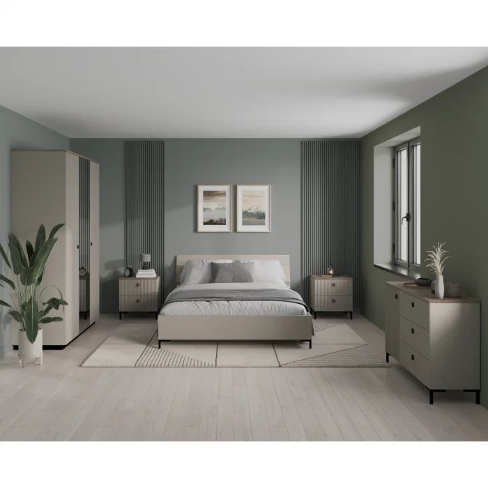Set dormitor DOMINICA, 5 piese, pat cu somiera rabatabila 160x200 cm, dulap 3 usi cu oglinda, comoda, 2 noptiere, taupe + stejar silverjack