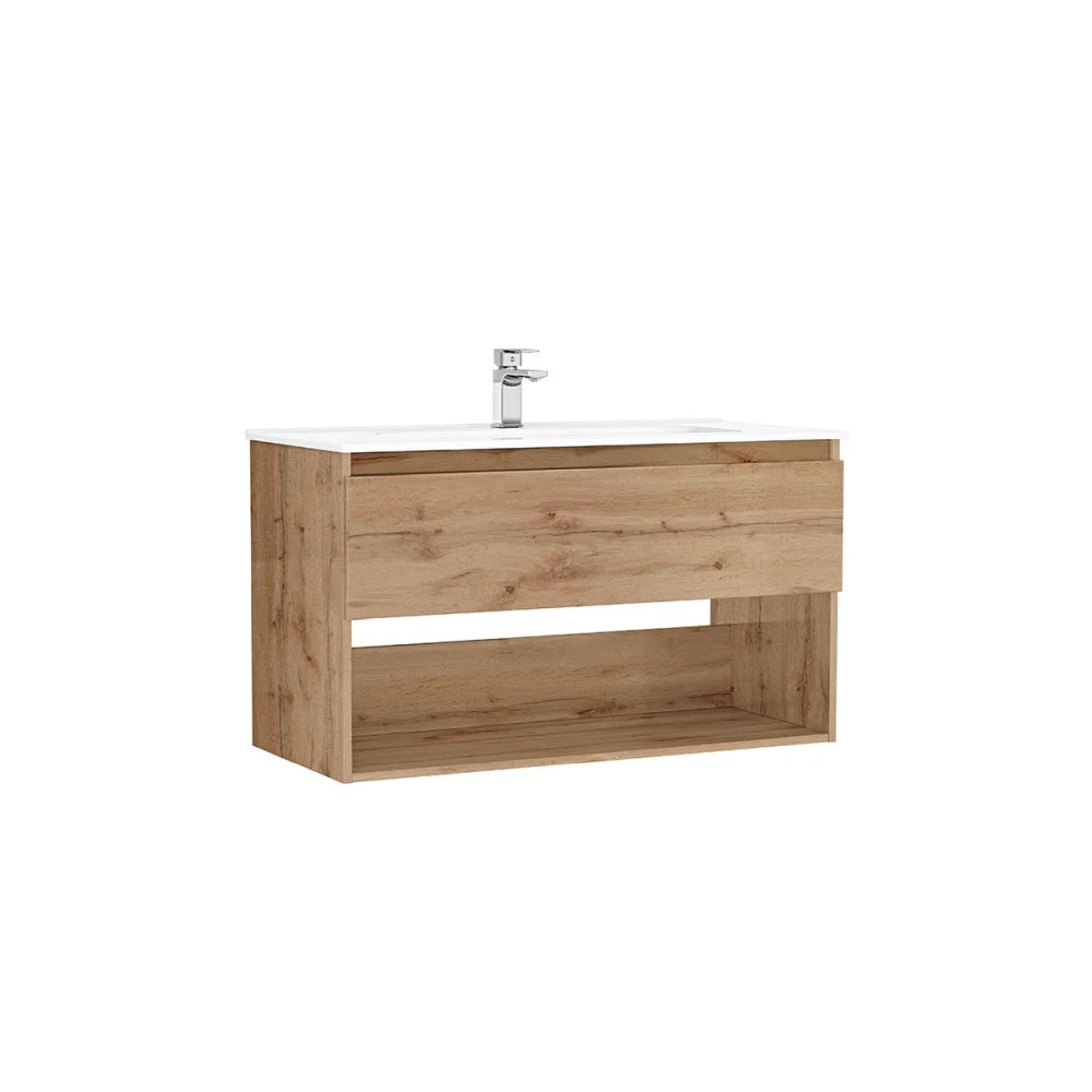 Set dulap baie suspendat 1 sertar Gala Daily cu lavoar inclus, 100 cm, stejar