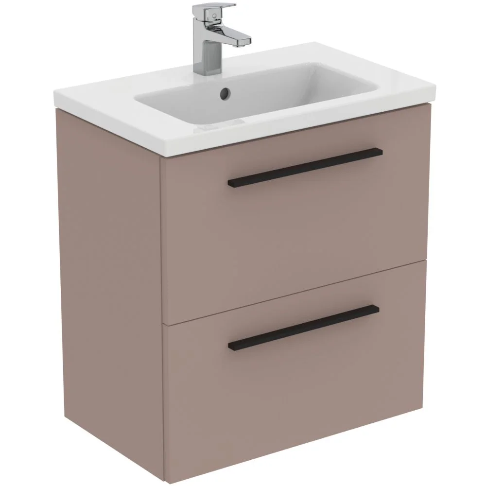 Set dulap baie suspendat gri-bej Ideal Standard i.Life S cu lavoar inclus 61 cm alb si maner negru