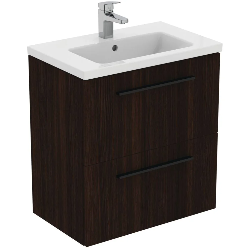 Set dulap baie suspendat stejar cafeniu Ideal Standard i.Life S cu lavoar inclus 61 cm alb si maner negru