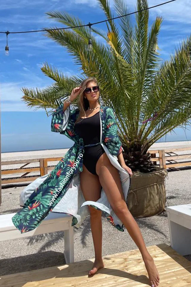 Set Fiona costum de baie intreg si cardigan de plaja, Tropical, Marime S/M