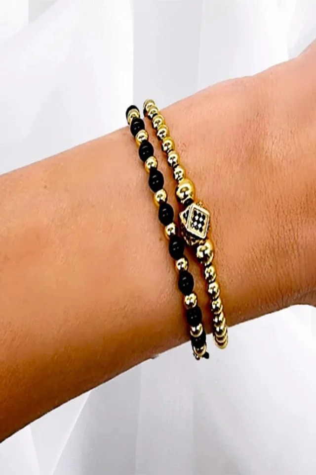 Set Gemma, doua bratari unisex, cu bile din inox si cristale de zirconiu