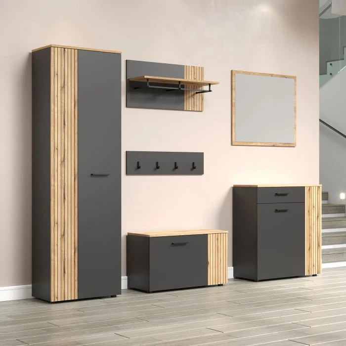 Set hol ESTEBAN, 6 piese, dulap 2 usi, pantofar, cuier cu un raft, cuier, comoda, oglinda, grafit + stejar evok, 220x36x195 cm