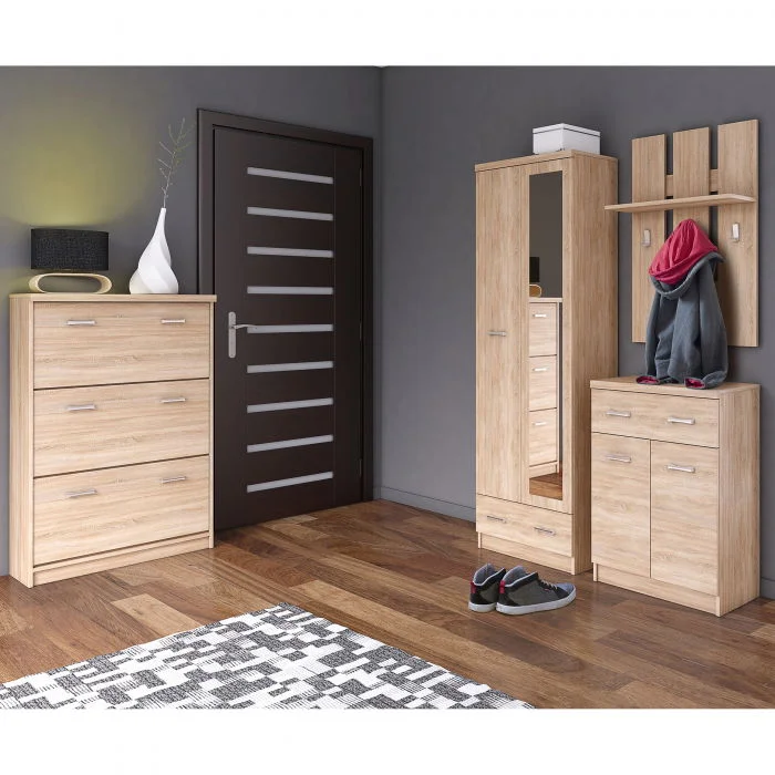 Set hol TOP MIX, 4 piese,dulap 2 usi, comoda, pantofar, cuier, stejar sonoma,  200x33x183 cm