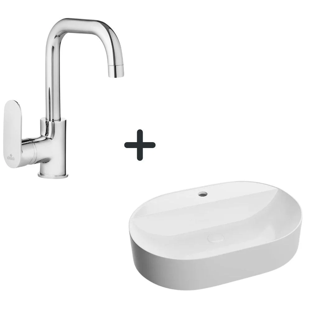 Set lavoar baie alb lucios Foglia plus baterie lavoar Deante Alpinia crom