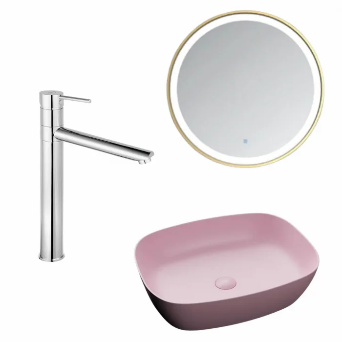 Set lavoar baie pe blat, roz mat, Bristol Foglia, baterie crom lucios inalta si oglinda cu rama aurie, cu iluminare LED si dezaburire