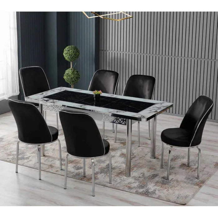 Set LION SILVER, masa extensibila cu 6 scaune, dreptunghiulara, marmura + argintiu + negru, 130 170x80x75 cm
