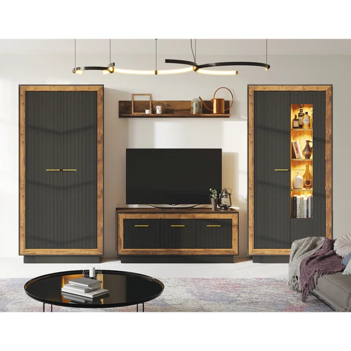 Set Living FOX, 4 corpuri, cu lumini LED, dulap FOX1, vitrina FOX2, comoda FOX4, etajera FOX6, corp eger, fronturi MDF eger + negru