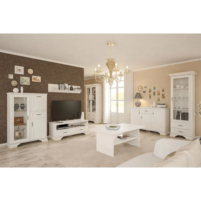 Set Living IRYS, 7 piese, 2 vitrine, 3 comode, masuta de cafea, raft suspendat, pin anderson