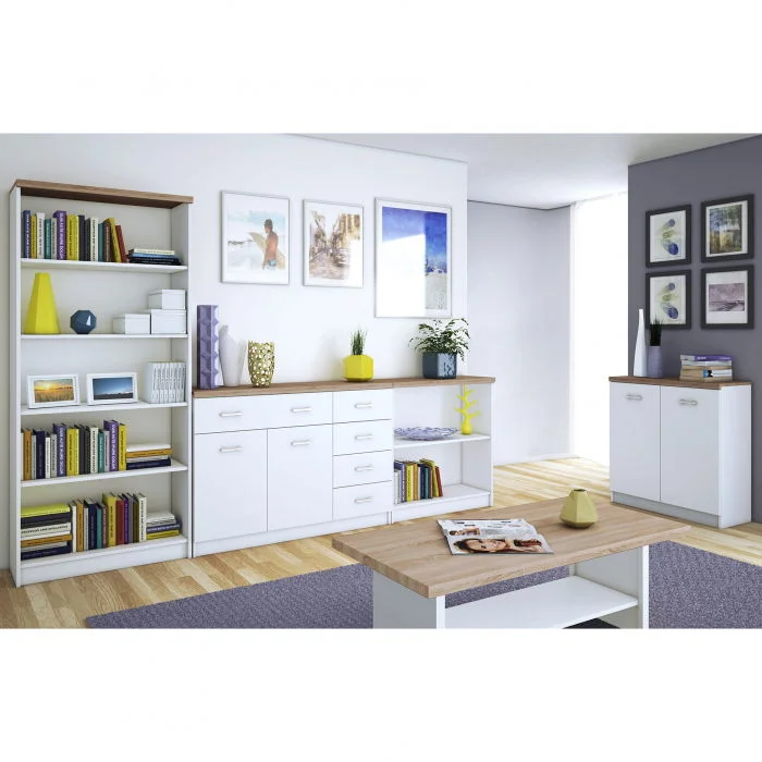 Set Living TOP MIX, 5 piese, 2 biblioteci, 2 comode, masuta de cafea, alb, 280x33x183 cm