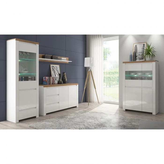 Set Living VIGO, 4 piese, 2 vitrine, comoda, raft suspendar, alb  + stejar wotan