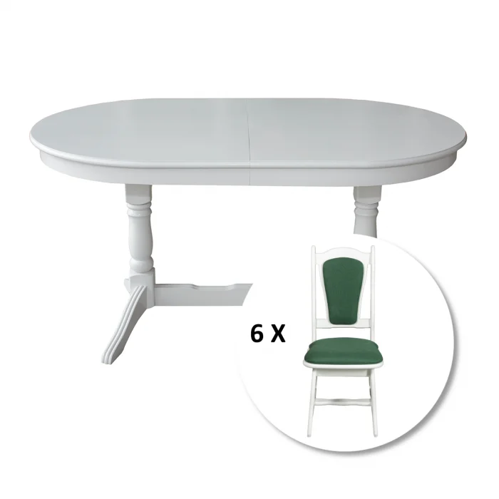 Set masa extensibila EUROPA ovala cu 6 scaune IZA stofa verde, lemn masiv, alb, 160 240x90x70 cm