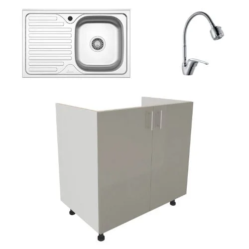 Set Masca Chiuveta Karo, Gri Lucios/Alb, MDF, 80 x 50 x 80 cm, Chiuveta Inox, Cuva stanga, Baterie Flexibila