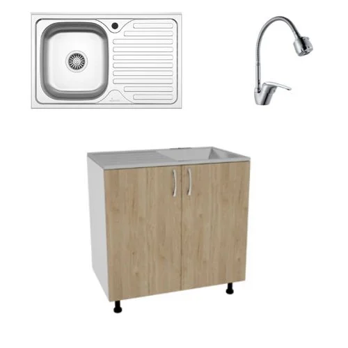 Set Masca Chiuveta Karo, Lemn Natural/Alb, 80 x 50 x 80 cm, Chiuveta Inox, Cuva stanga, Baterie Flexibila