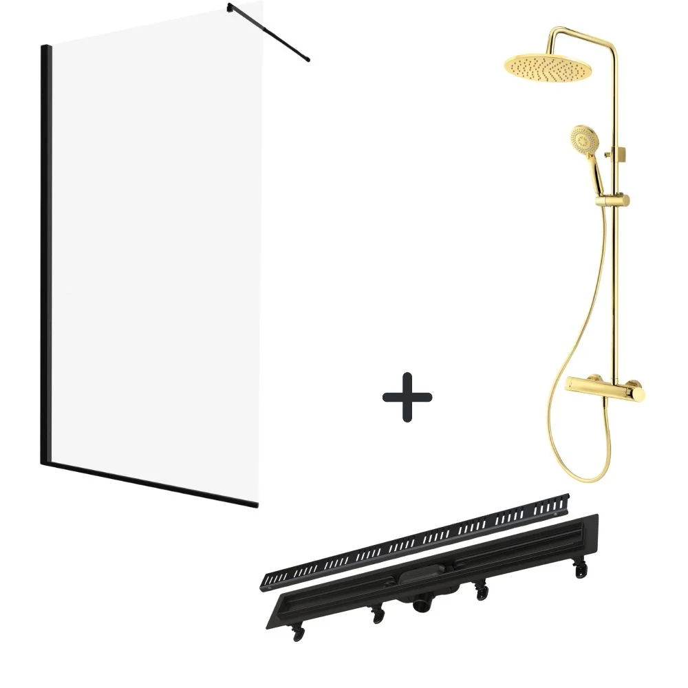 Set paravan dus walk-in 100x200 cm, rigola si coloana de dus aurie Arnika