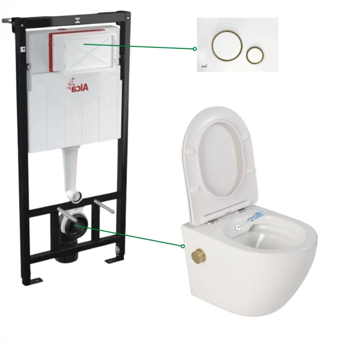 Set vas wc alb cu functie bideu si baterie auriu mat Foglia Oslo, rezervor incastrat si clapeta alba cu detalii aurii, Alcadrain