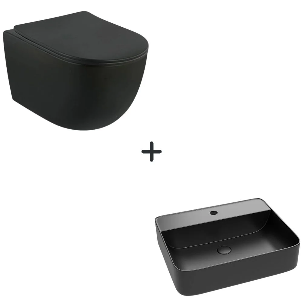 Set vas wc cu capac soft close Oslo plus lavoar baie dreptunghiular cu orificiu baterie negru mat