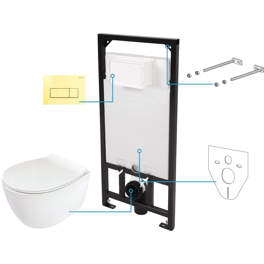 Set vas wc cu capac soft close, rezervor incastrat, clapeta de actionare aurie si izolare fonica Deante Silia