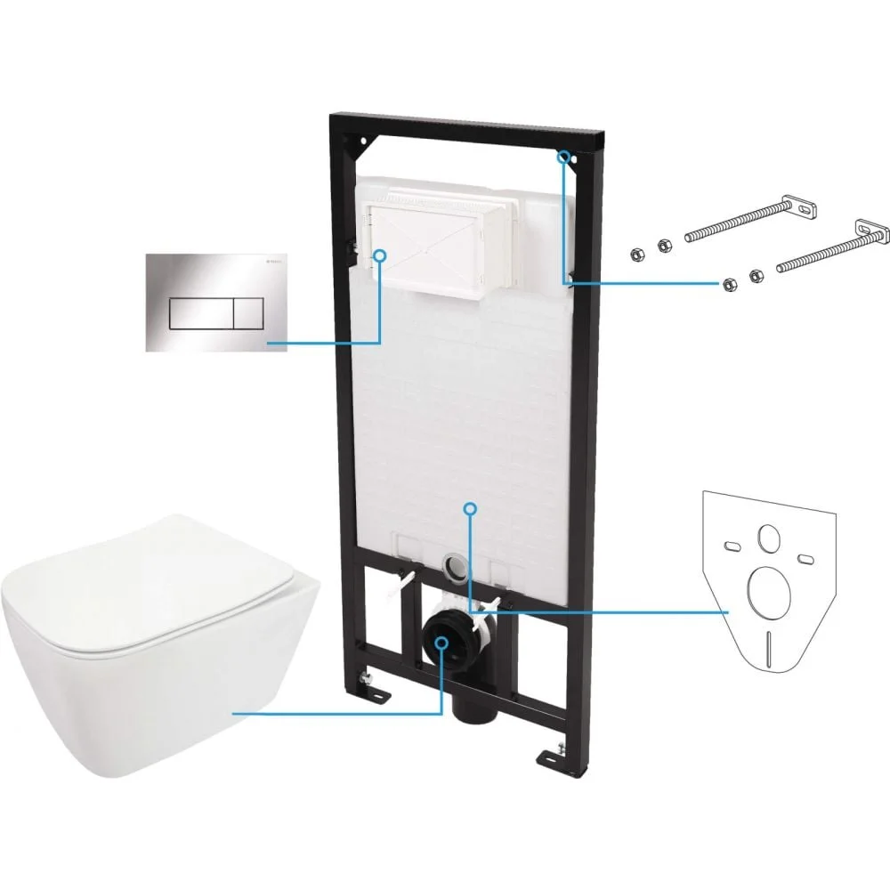 Set vas wc cu capac soft close, rezervor incastrat, clapeta de actionare crom si izolare fonica Deante Hiacynt