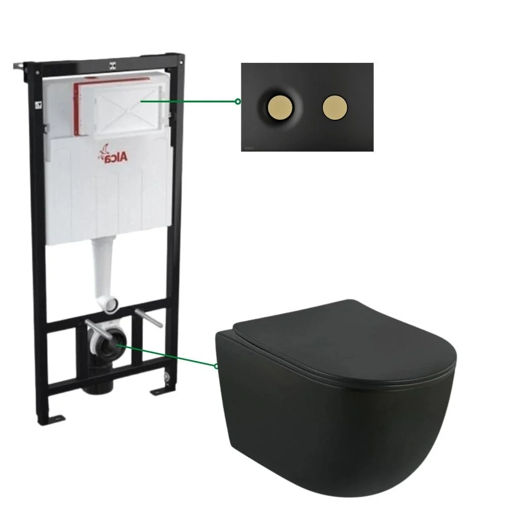 Set vas wc negru suspendat cu capac, rezervor si clapeta negru auriu mat Alcaplast M1978-7