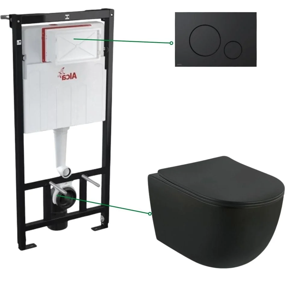 Set vas wc negru suspendat cu capac soft close Foglia, plus rezervor incastrat si clapeta de actionare neagra