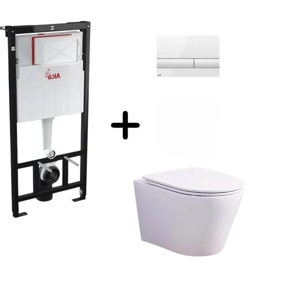 Set vas wc rimless alb cu capac soft close Oslo Foglia, rezervor incastrat si clapeta