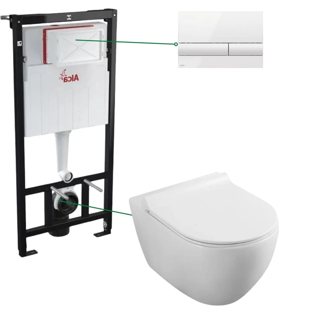 Set vas wc rimless cu capac soft close Minerva, rezervor incastrat si clapeta