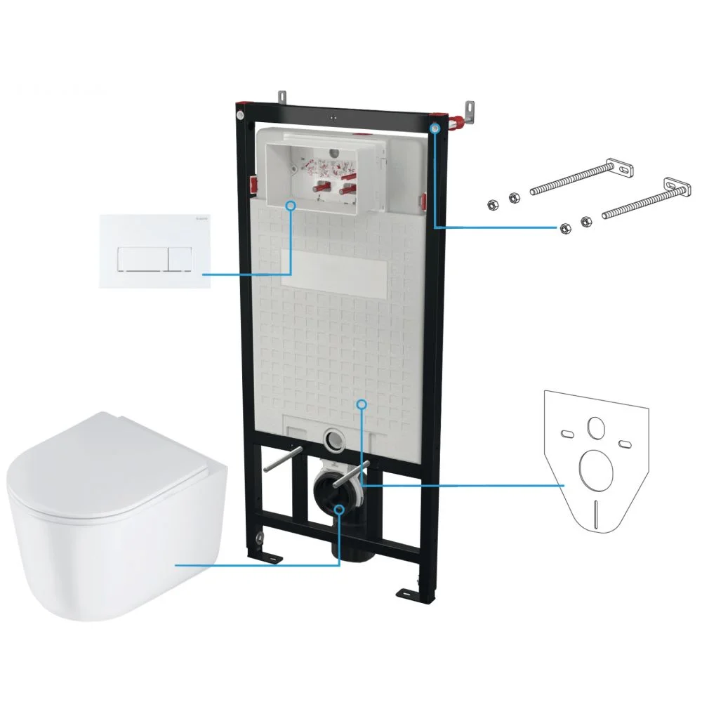 Set vas wc rimless cu capac soft close, rezervor incastrat, clapeta de actionare alba si izolare fonica Deante Jasmin