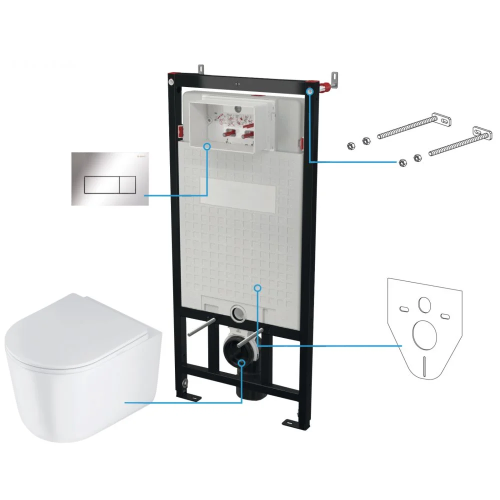 Set vas wc rimless cu capac soft close, rezervor incastrat, clapeta de actionare crom si izolare fonica Deante Jasmin