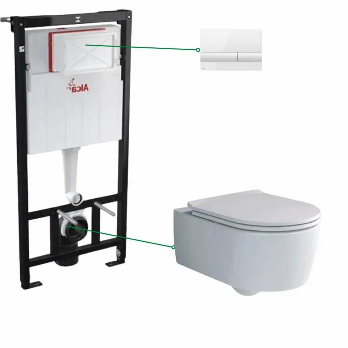 Set vas wc rimless cu capac soft close Villeroy  Boch Soul, rezervor incastrat si clapeta alb lucios Alcadrain